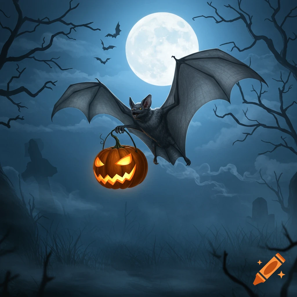 A flying bat carries a glowing jack-o'-lantern against a bright full moon in a spooky night sky with bare trees.
