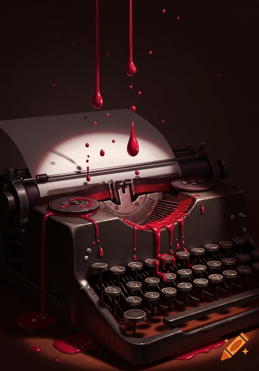 A vintage typewriter is covered in dark red liquid resembling blood, with drops falling from above onto the keys and paper, set against a dark background.
