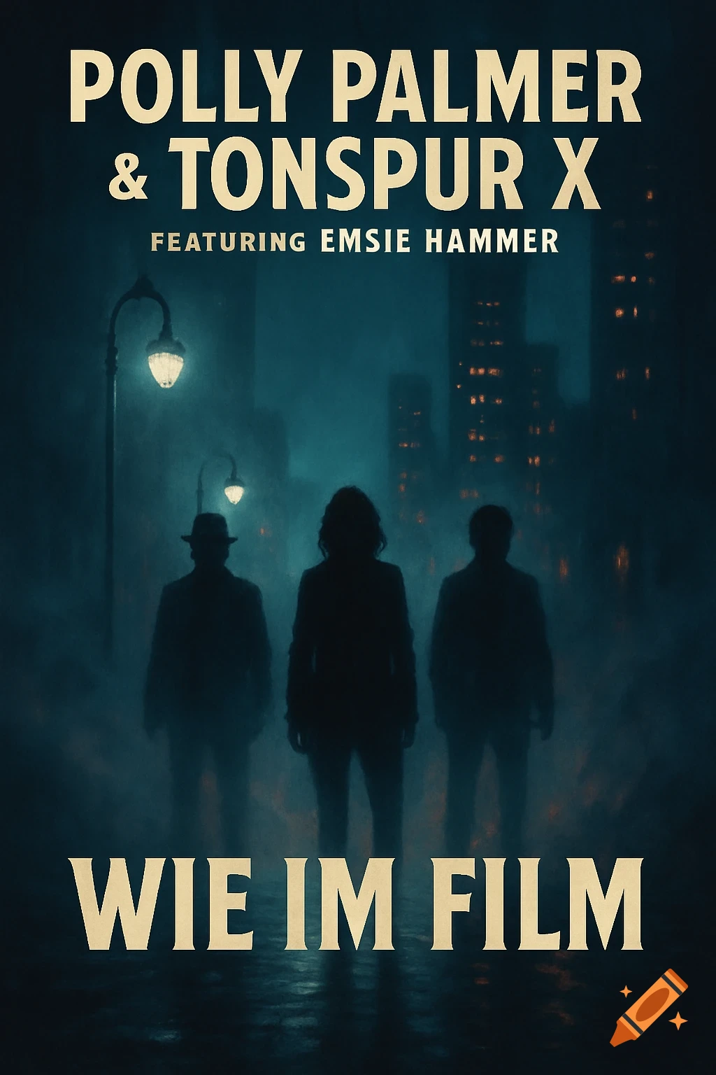 Dark album cover: three silhouetted figures walk on a misty street with buildings and streetlights, text 'Polly Palmer & Tonspur X' and 'Wie im Film'.