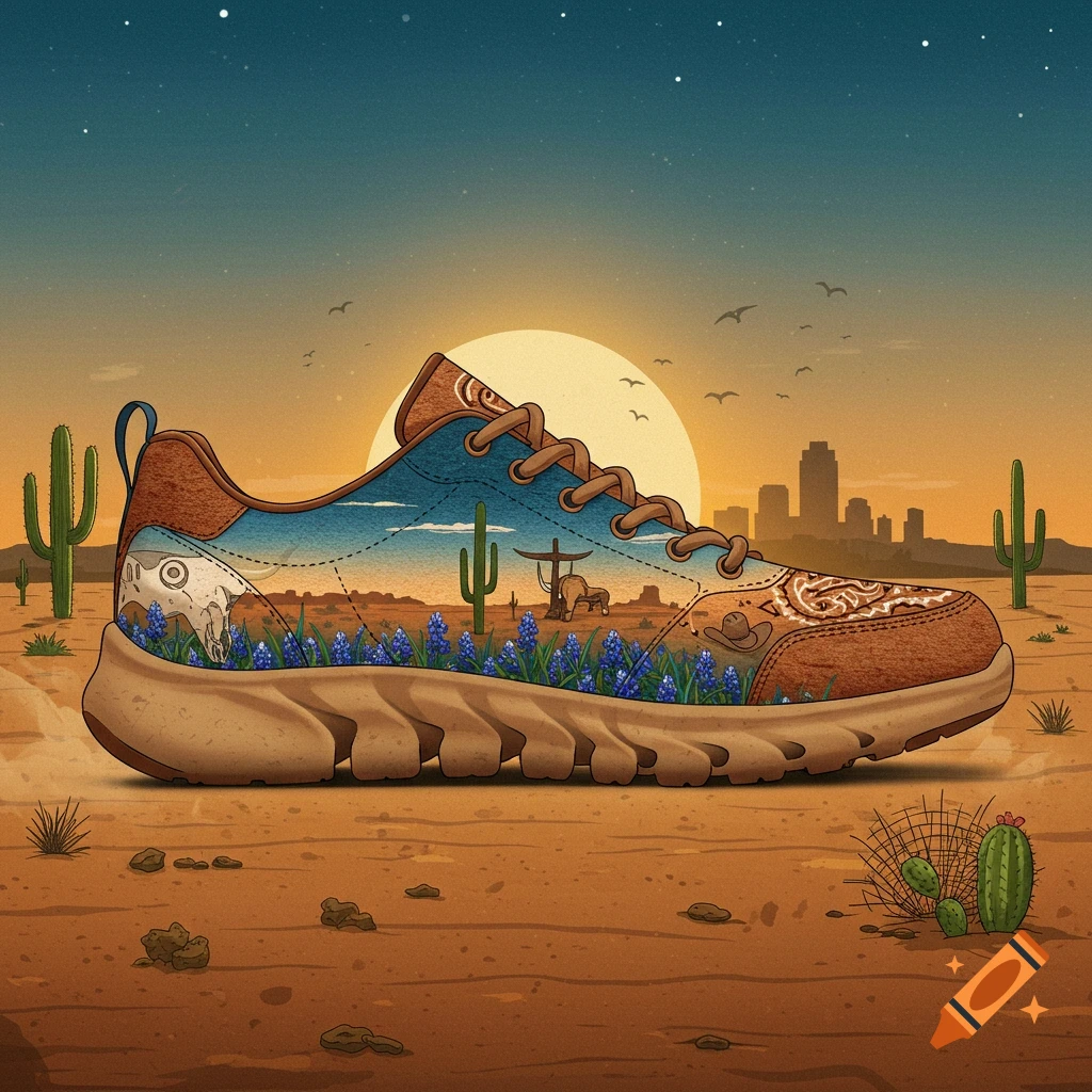 An illustrative sneaker with a Texas desert landscape design featuring cactuses, bluebonnets, bull skull, and a sunset skyline.