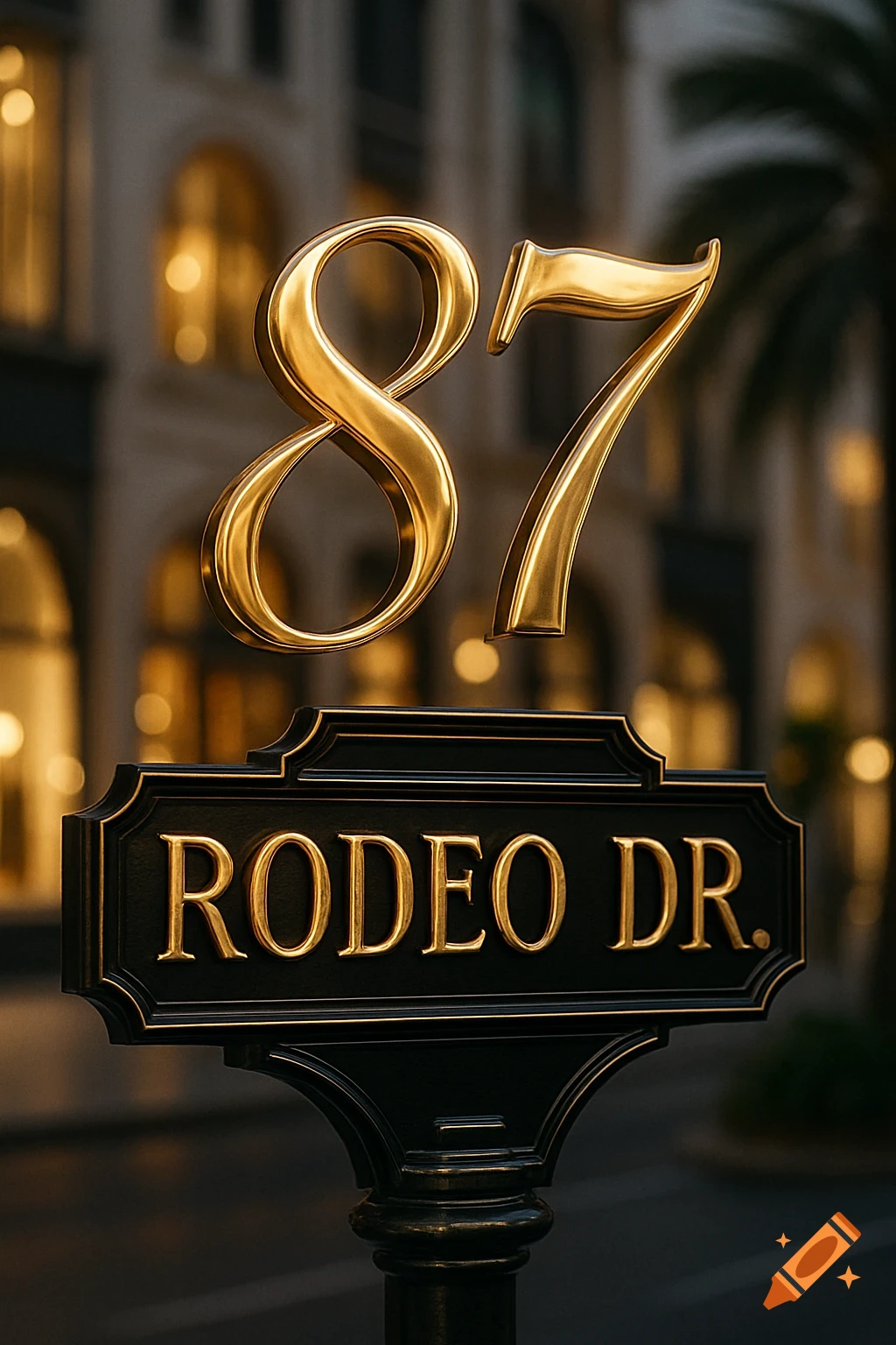 A golden number "87" floats above a classic black street sign with "RODEO DR." in gold, against a blurred city background.