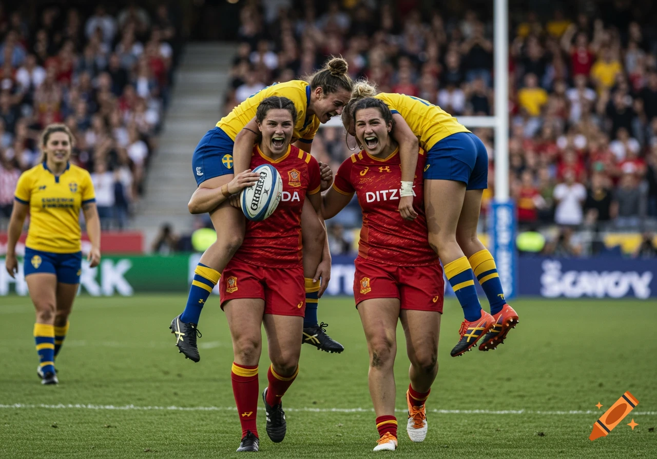 Two women rugby players in red jerseys carry two teammates in yellow on their shoulders, celebrating joyfully on a field.
