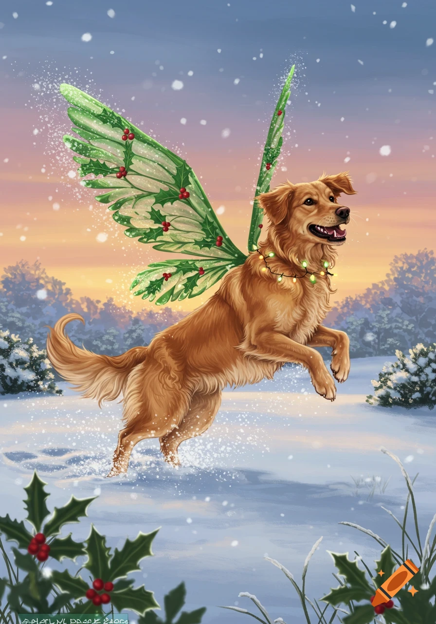 A golden retriever with holly wings and Christmas lights jumps through a snowy field at sunset. Illustration.