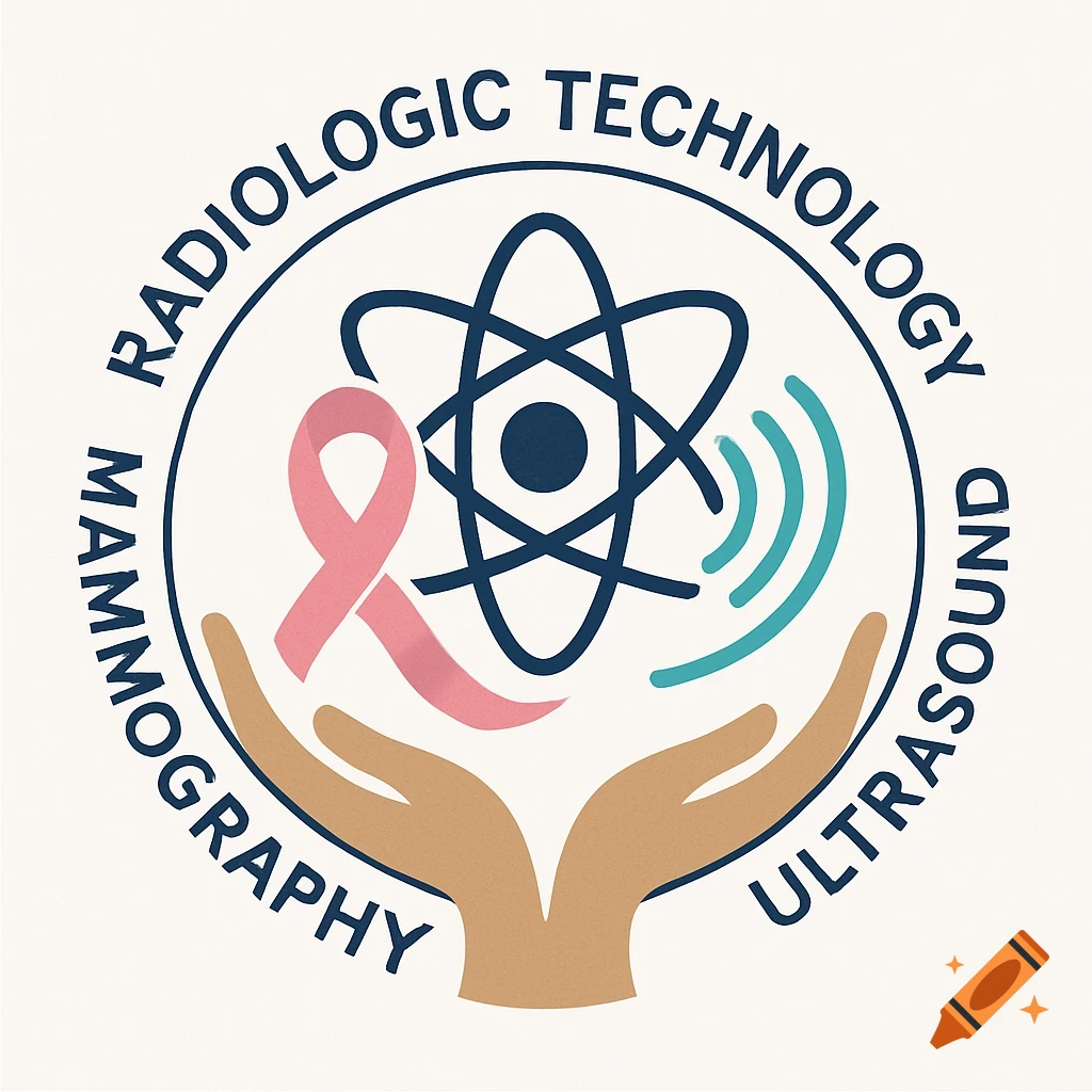 Circular logo for Radiologic Technology with an atom, pink ribbon, and sound waves, held by cupped hands.