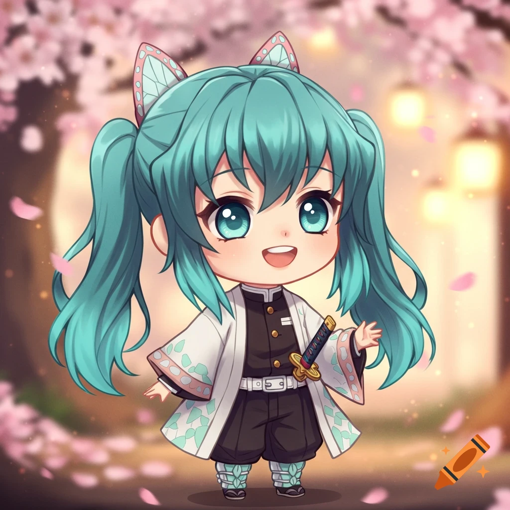Chibi anime character with teal pigtails, large blue eyes, and a katana, wearing a white and black uniform with a butterfly headpiece, surrounded by pink cherry blossoms.