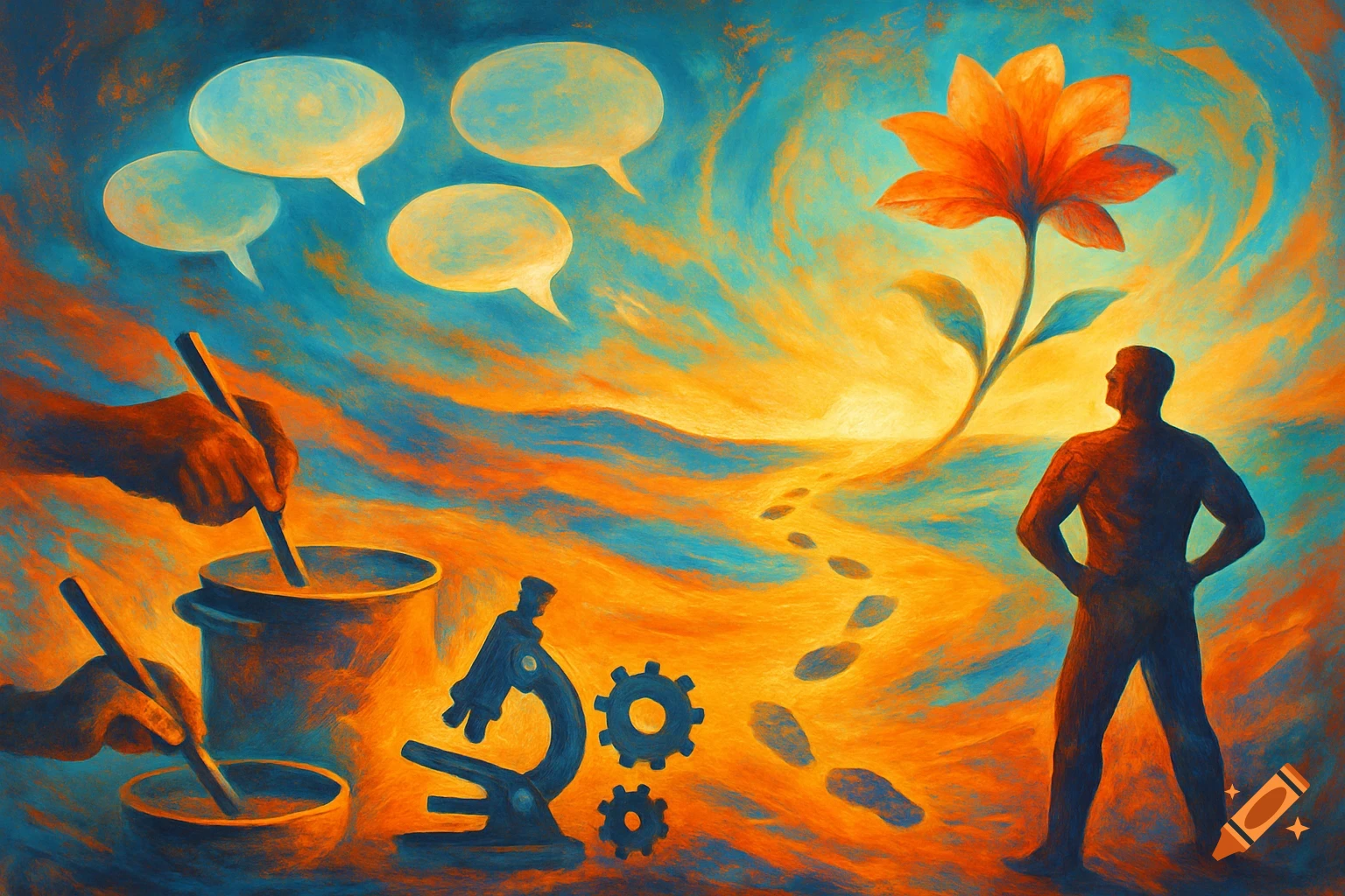 A surreal, painterly image in orange and blue. Hands stir pots, a microscope and gears sit on the ground, a person faces a giant flower, and speech bubbles float in the sky over a path of footprints.