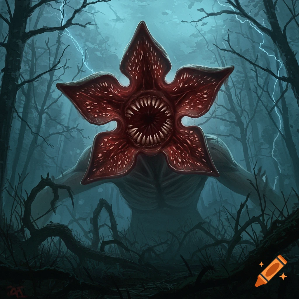 An illustrative Demogorgon with a toothy, flower-like head stands in a dark, misty forest with lightning.