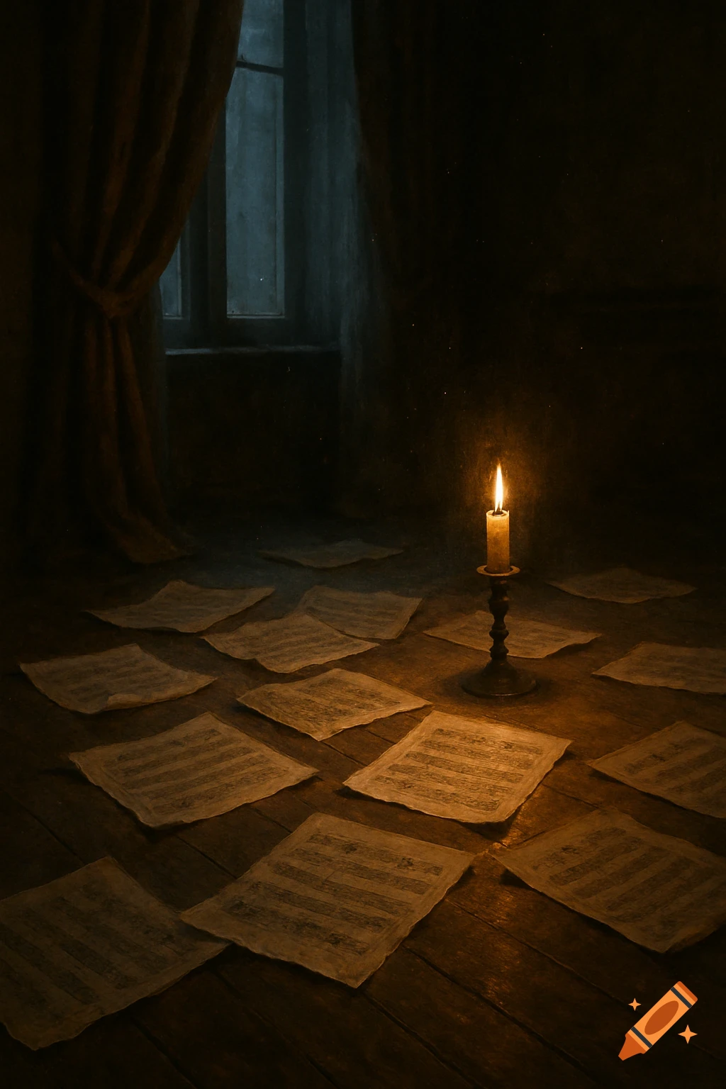 A dimly lit room with a single lit candle on a stand surrounded by scattered sheets of music on a wooden floor, near a window with dark curtains.