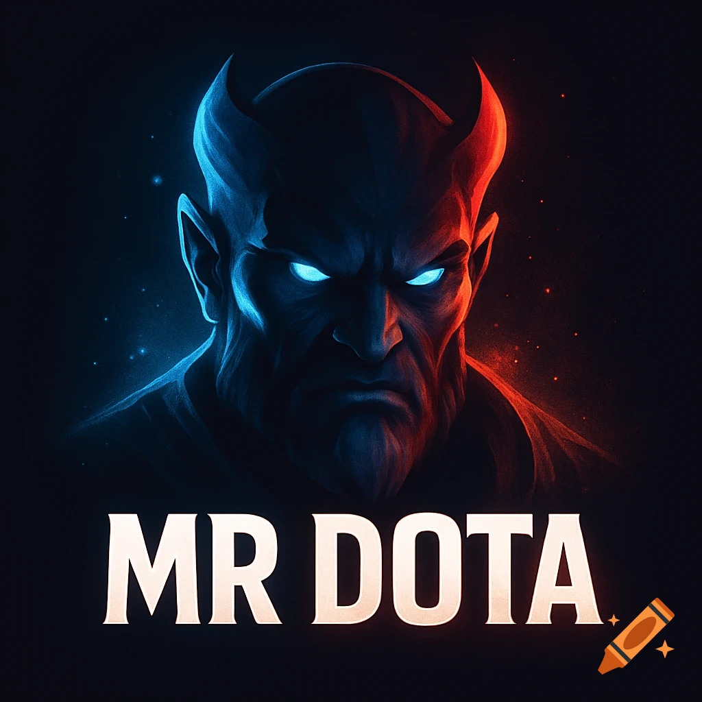 Stylized gaming logo featuring an intense, horned demon-like face with glowing blue eyes and neon blue/red highlights, with 'MR DOTA' text.