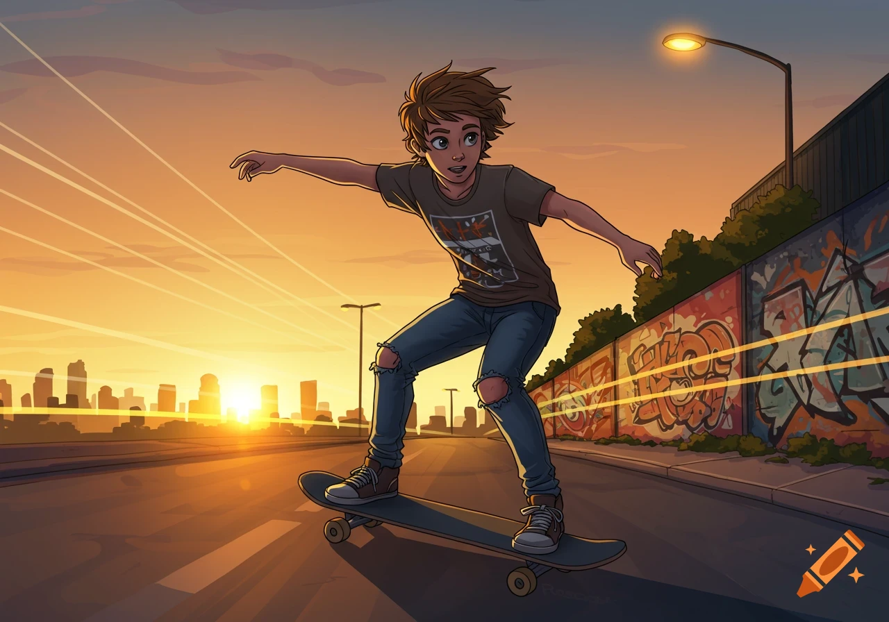 Cartoon boy with ripped jeans and a t-shirt skateboards on a street with a graffiti wall at sunset. A city skyline is in the background.