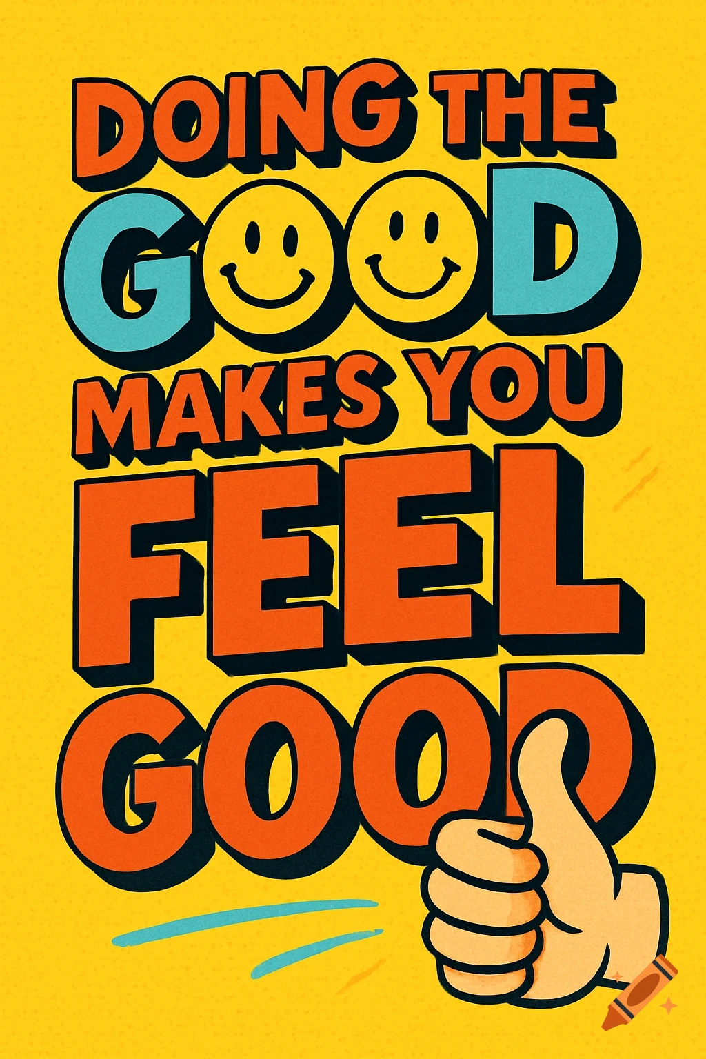 A bright yellow poster with the motivational quote 'DOING THE GOOD MAKES YOU FEEL GOOD' in colorful comic-style 3D letters, with smileys replacing the 'O's. A cartoon hand gives a thumbs up.