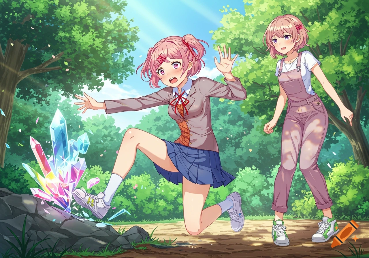 Pink-haired anime girl Natsuki trips over a glowing crystal on a forest path as Sayori watches in anime style.