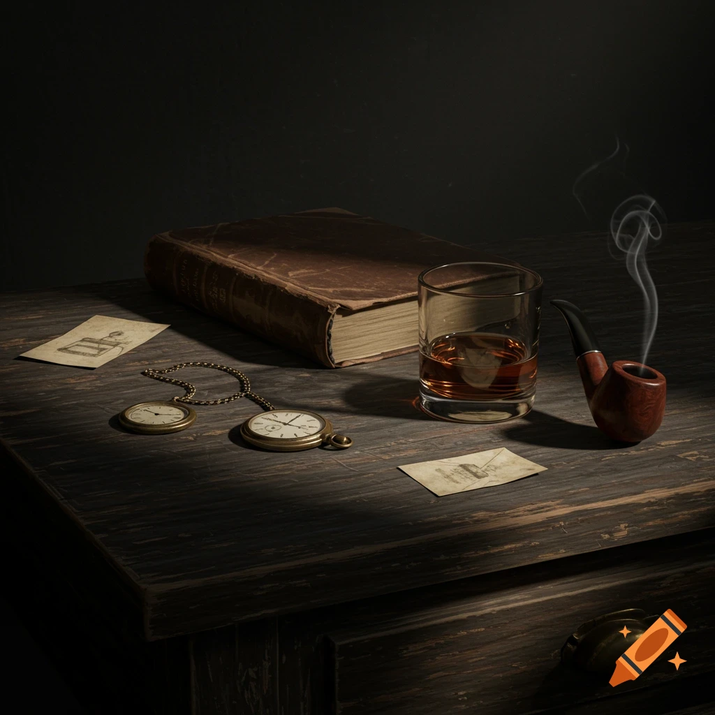 A vintage still life on a dark wooden table with an old book, pocket watches, a glass of whiskey, and a smoking pipe.