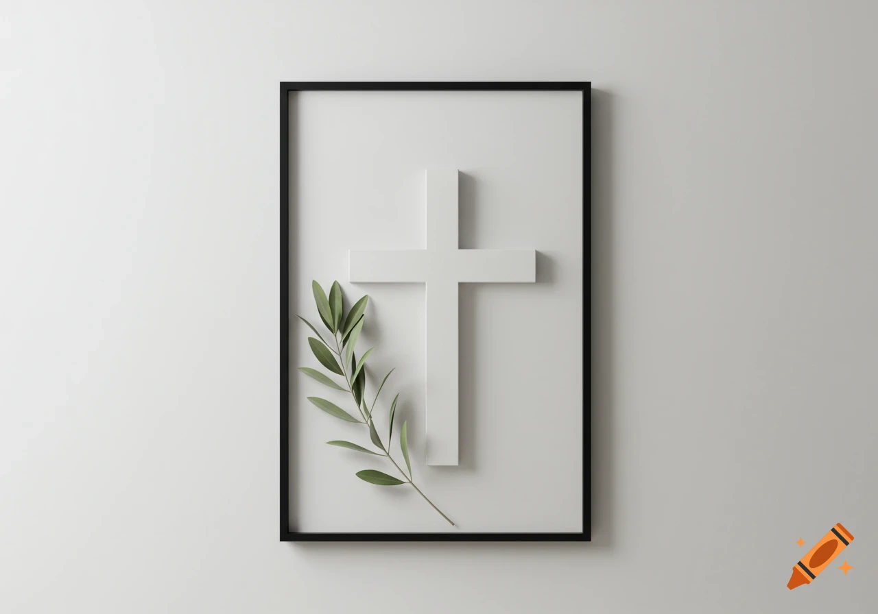 A white cross and an olive branch inside a black frame, presented in a minimalist, artistic style on a white wall.