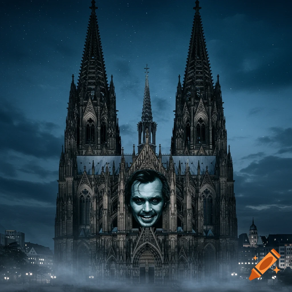 Jack Nicholson's smiling face from The Shining appears within the Gothic Cologne Cathedral at night, surrounded by mist.