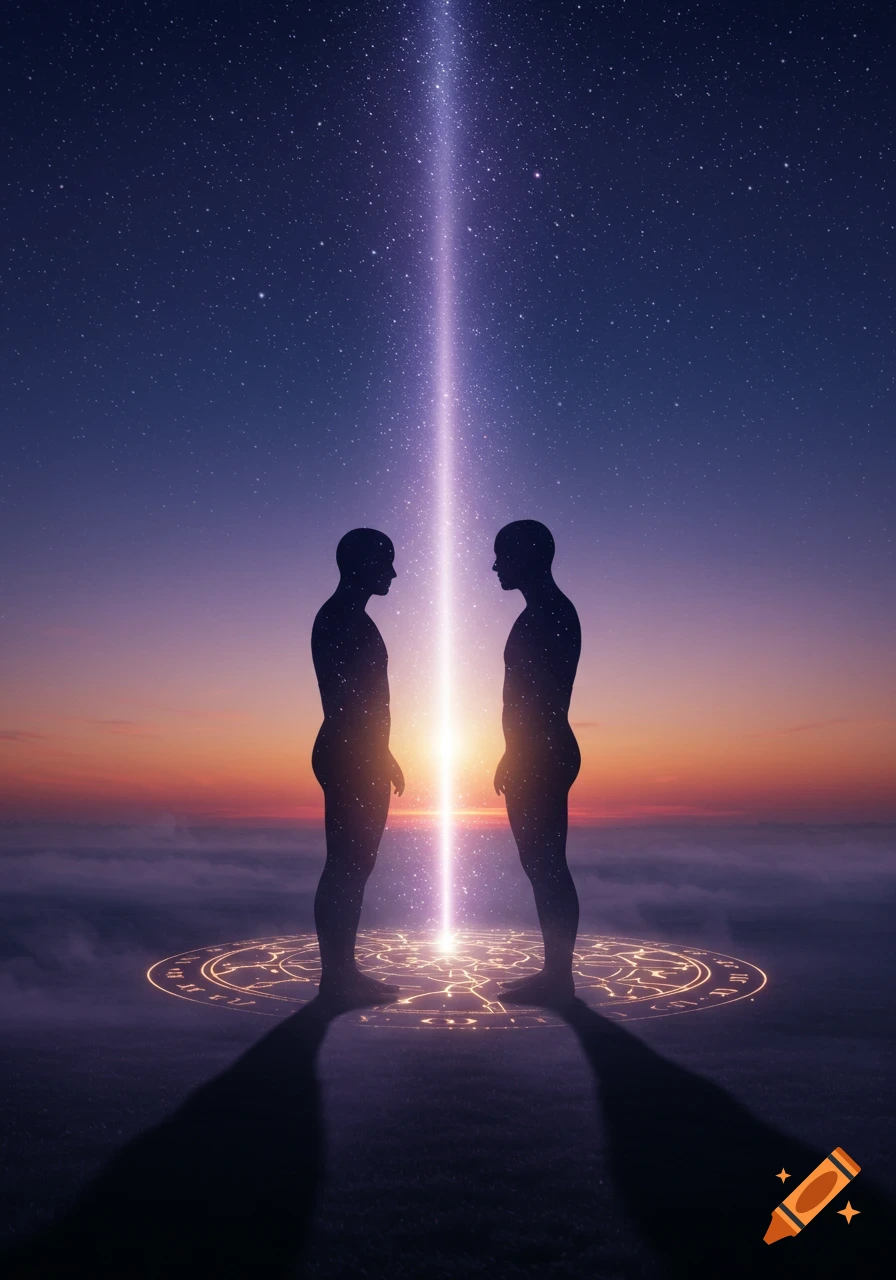 Two shimmering human silhouettes face each other under a starry night sky, connected by a vertical beam of light rising from a glowing circular symbol on the ground.