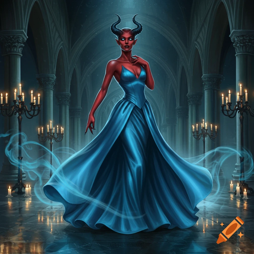 A red-skinned devil woman with horns and glowing eyes stands in a grand gothic hall, wearing a flowing blue dress. Candles illuminate the scene.