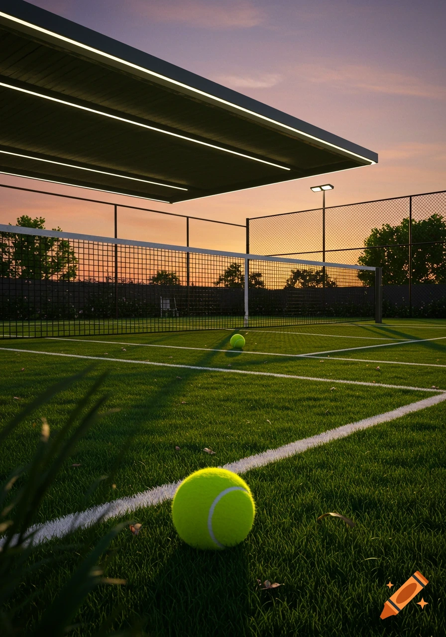 A photorealistic tennis court at sunset with two bright yellow tennis balls on the grass, under a modern canopy with strip lighting.