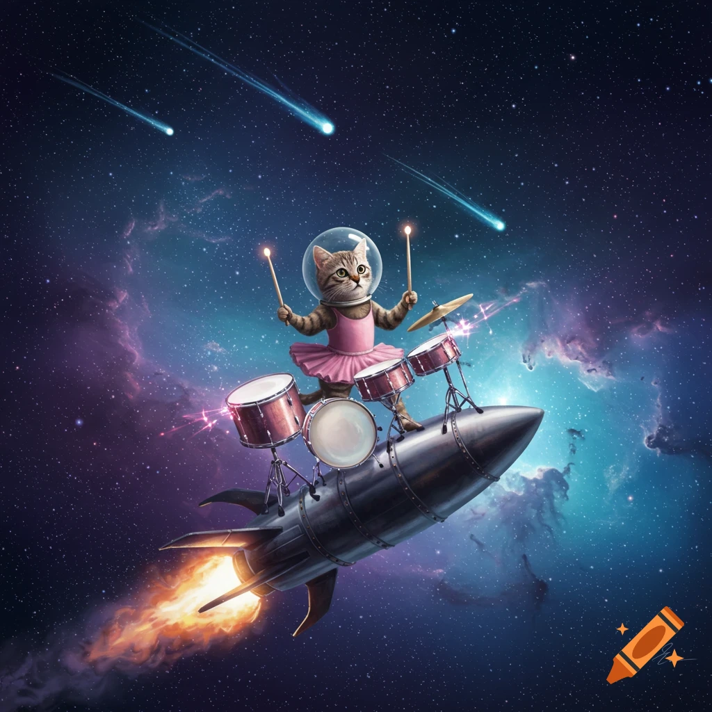 A stylized cat wearing a pink tutu and astronaut helmet plays drums on a rocket blasting through a starry nebula with shooting stars.