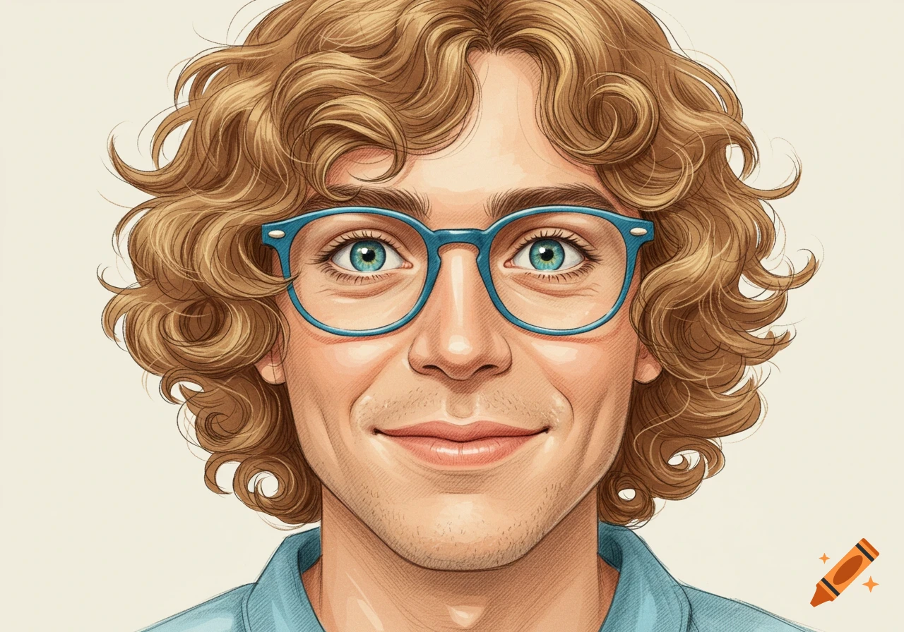 A stylized illustration of a smiling man with blond curly hair, blue eyes, and blue glasses.
