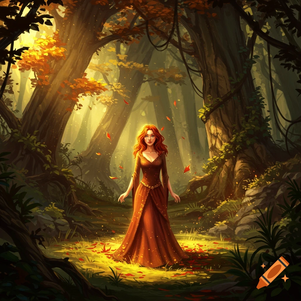A red-haired woman in an orange dress stands in a sunlit autumn forest with tall trees and fallen leaves, fantasy illustration.