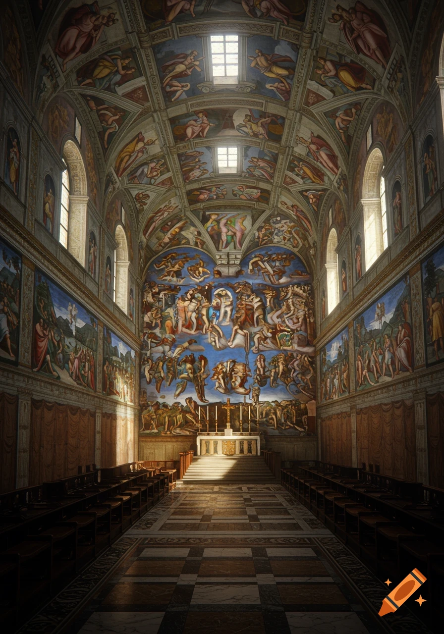 A wide-angle view of the Sistine Chapel's interior, showcasing its famous ceiling and altar frescoes, illuminated by natural light.