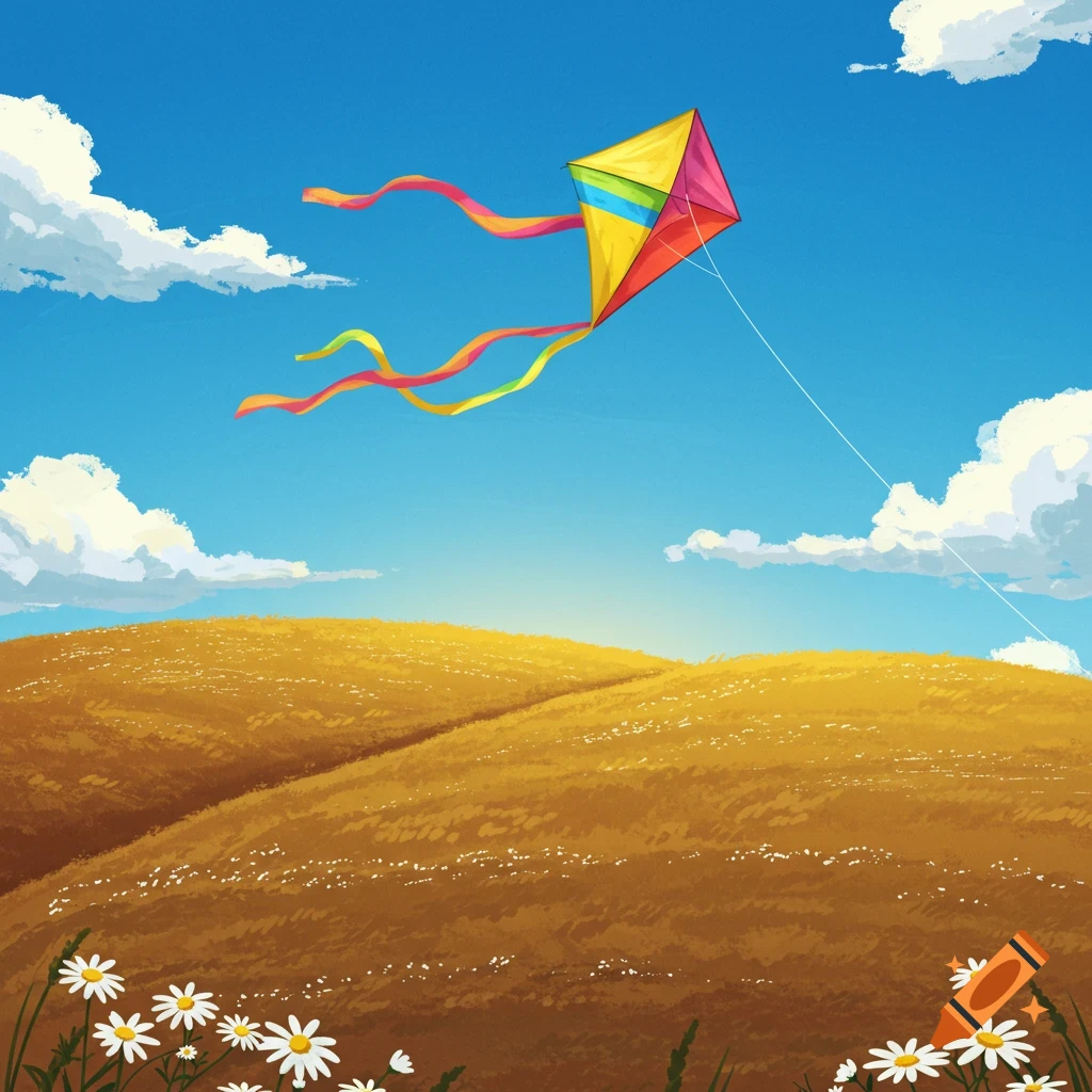 A colorful kite with streamers flies high above golden rolling hills with scattered white flowers under a bright blue sky with clouds. Illustration.
