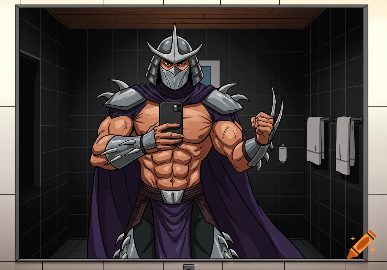 Cartoon Shredder from TMNT takes a mirror selfie in a modern bathroom, flexing his bicep. He wears his armor and a purple cape.
