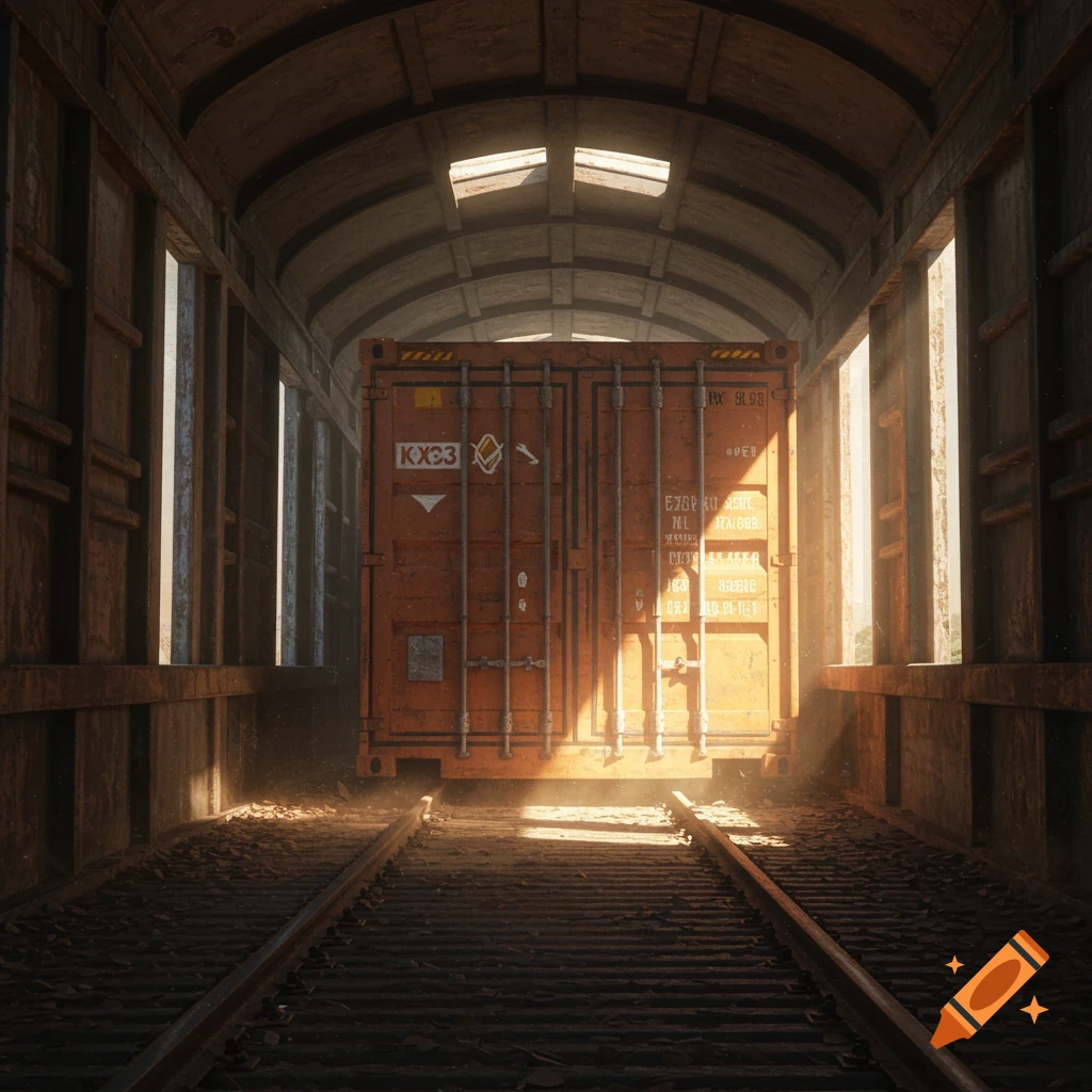A photorealistic image of an orange shipping container inside a dusty, old train car on railway tracks, with sunlight streaming through windows.