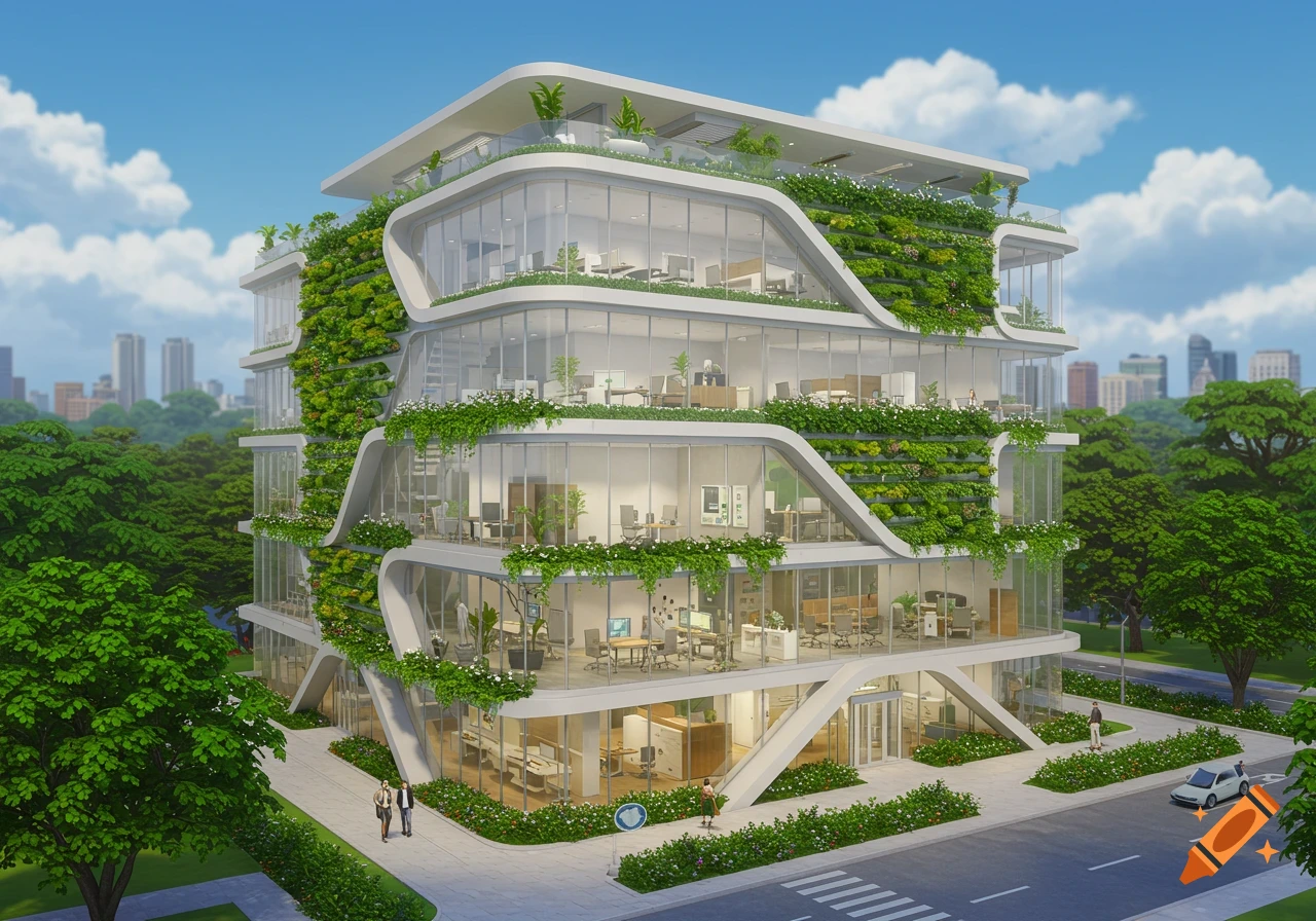 Modern multi-story office building with curved glass facades and integrated green living walls, surrounded by trees and a street under a blue sky.