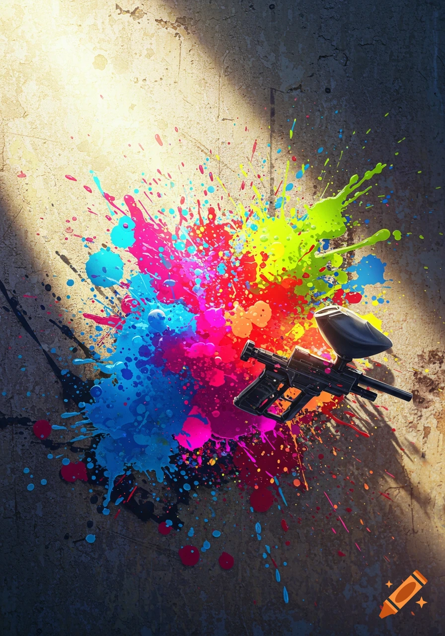 A paintball gun lies on a concrete wall covered in vibrant, colorful paint splatters under dramatic lighting.