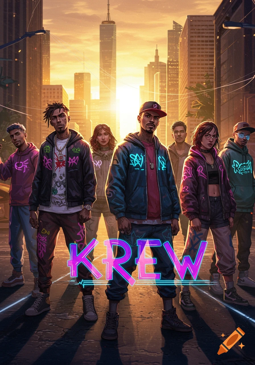 Seven diverse individuals in stylized streetwear stand on an urban street at sunset, with glowing "KREW" text in the foreground.
