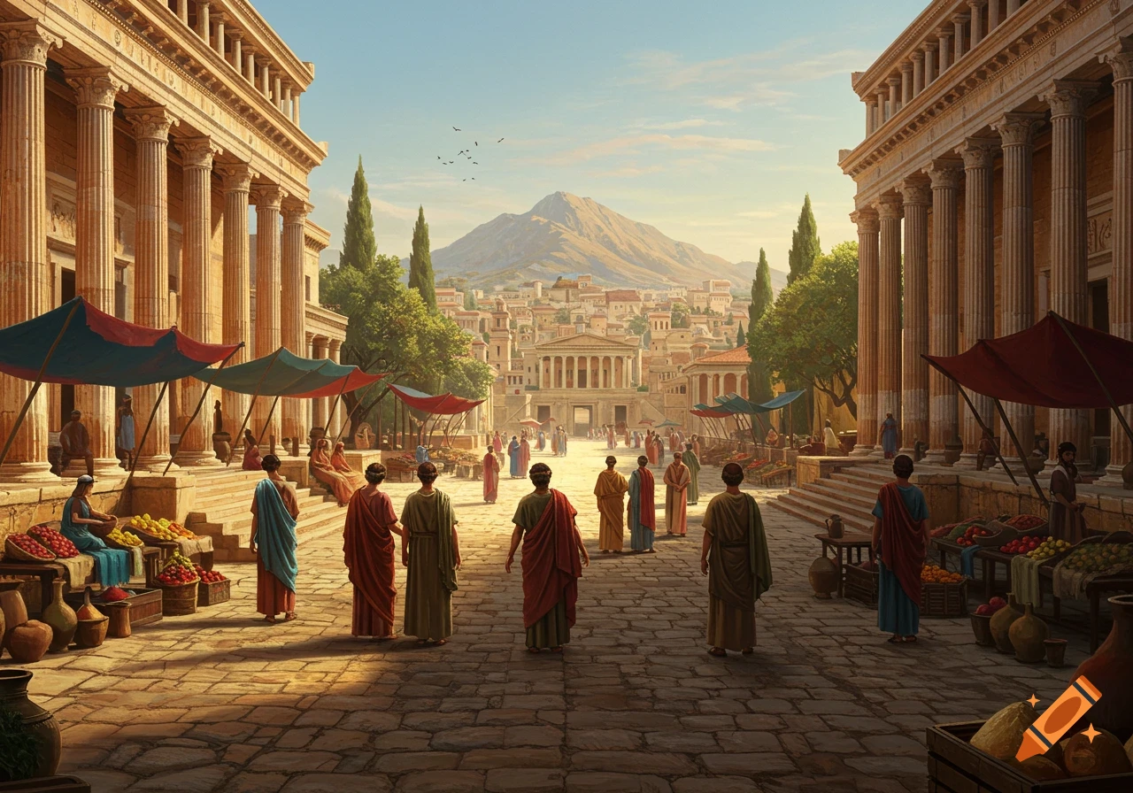A bustling ancient city market with people, classical buildings, and stalls selling goods under a clear sky, with a mountain in the distance.