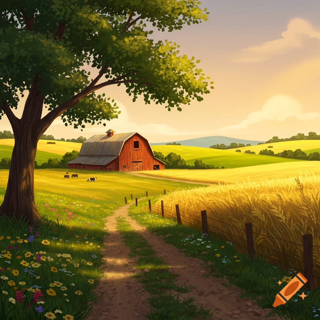 A dirt path leads through green fields with a red barn and cows in the distance, under a warm sky. A large tree frames the left.
