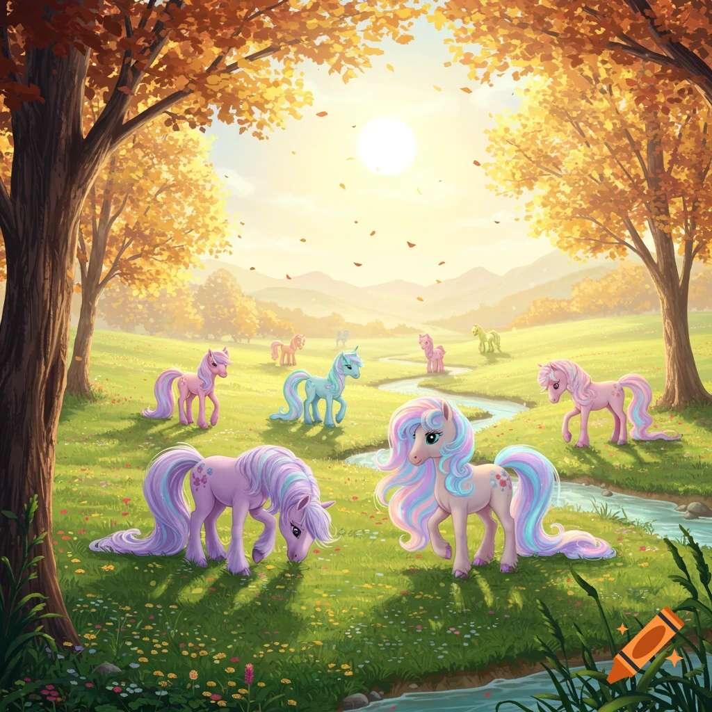 Colorful ponies graze and play in a sunlit autumn field with orange trees and a winding stream.