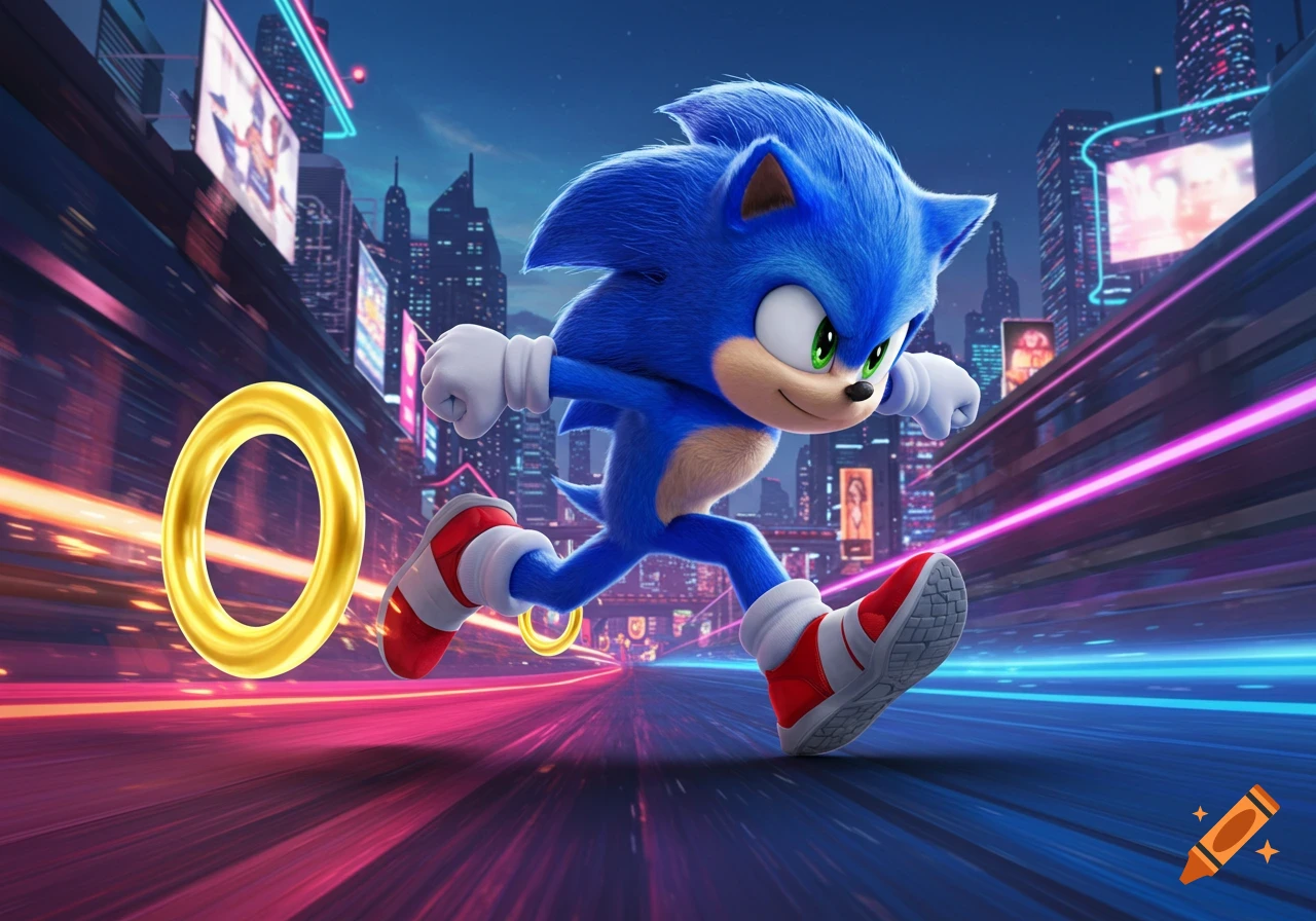 Sonic the Hedgehog runs at super speed on a neon-lit city street at night, with a golden ring in the foreground.