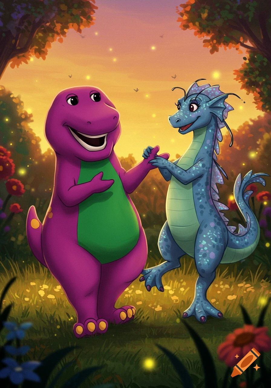 Barney the purple dinosaur holding hands with a blue, spotted dragon-like creature in a magical forest at sunset.