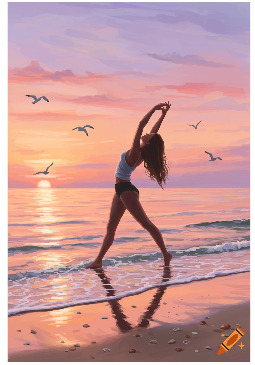 Illustration of a woman stretching on a beach at sunset, with seagulls flying overhead.