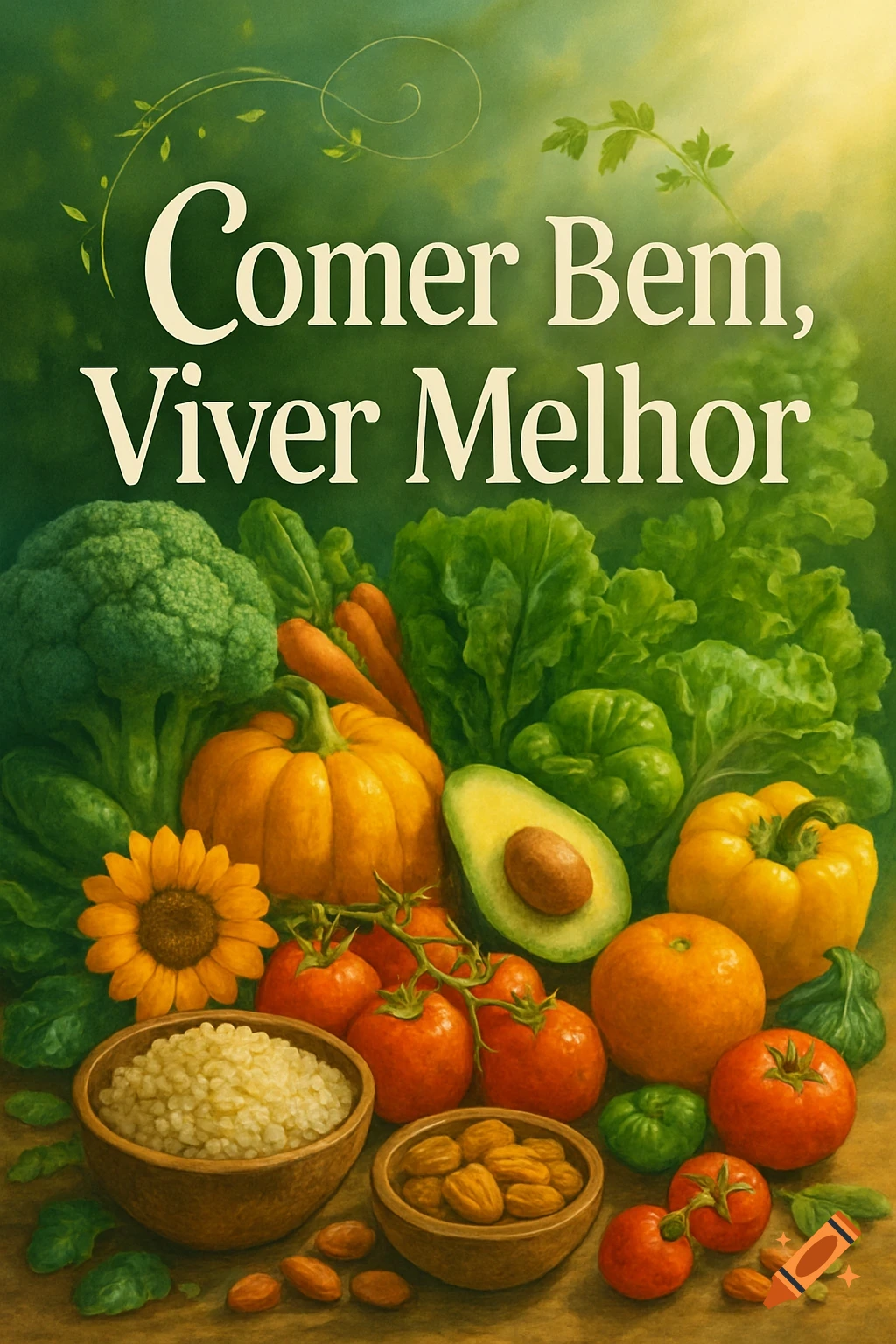 A vibrant illustration of healthy foods including vegetables, fruits, nuts, and grains, with the text 'Comer Bem, Viver Melhor' on a green background.