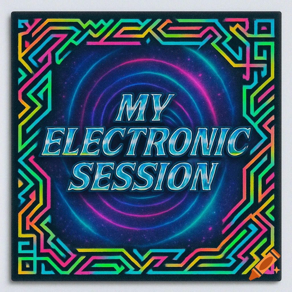 Square electronic music album cover with "MY ELECTRONIC SESSION" in stylized text, surrounded by neon rings and a colorful circuit pattern border.