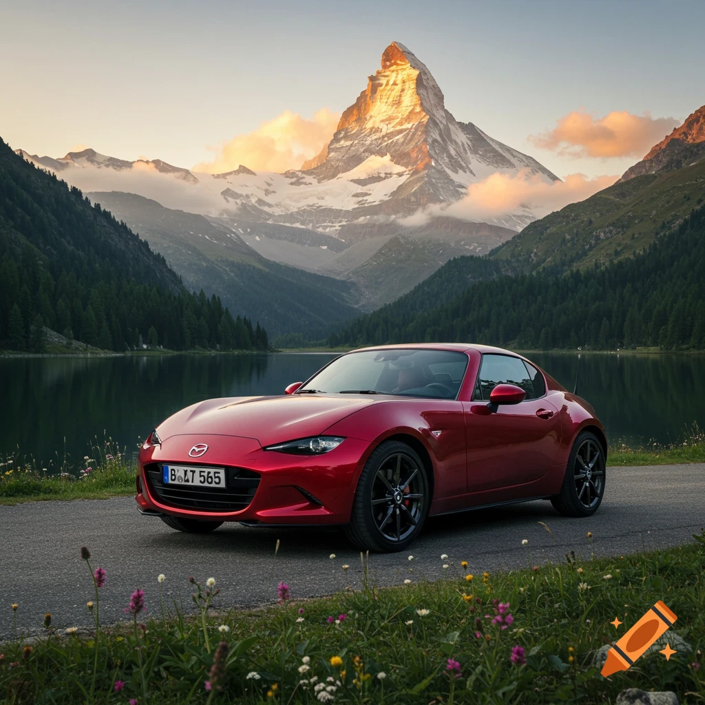 A red Mazda MX-5 car on a scenic mountain road with a lake and tall peaks at sunrise, with wildflowers.