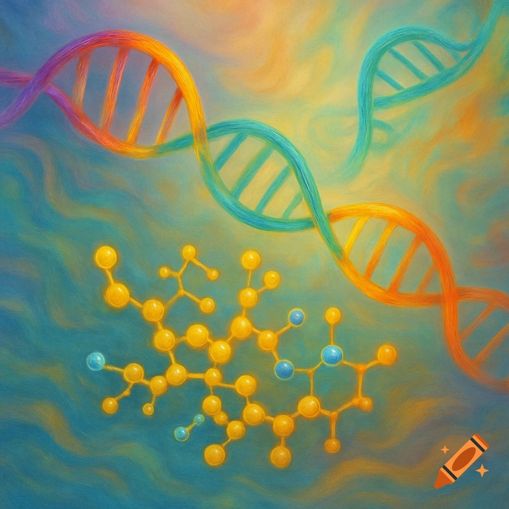 Vibrant, abstract painting of swirling colorful DNA strands and a yellow chemical molecule on a blue and orange background.
