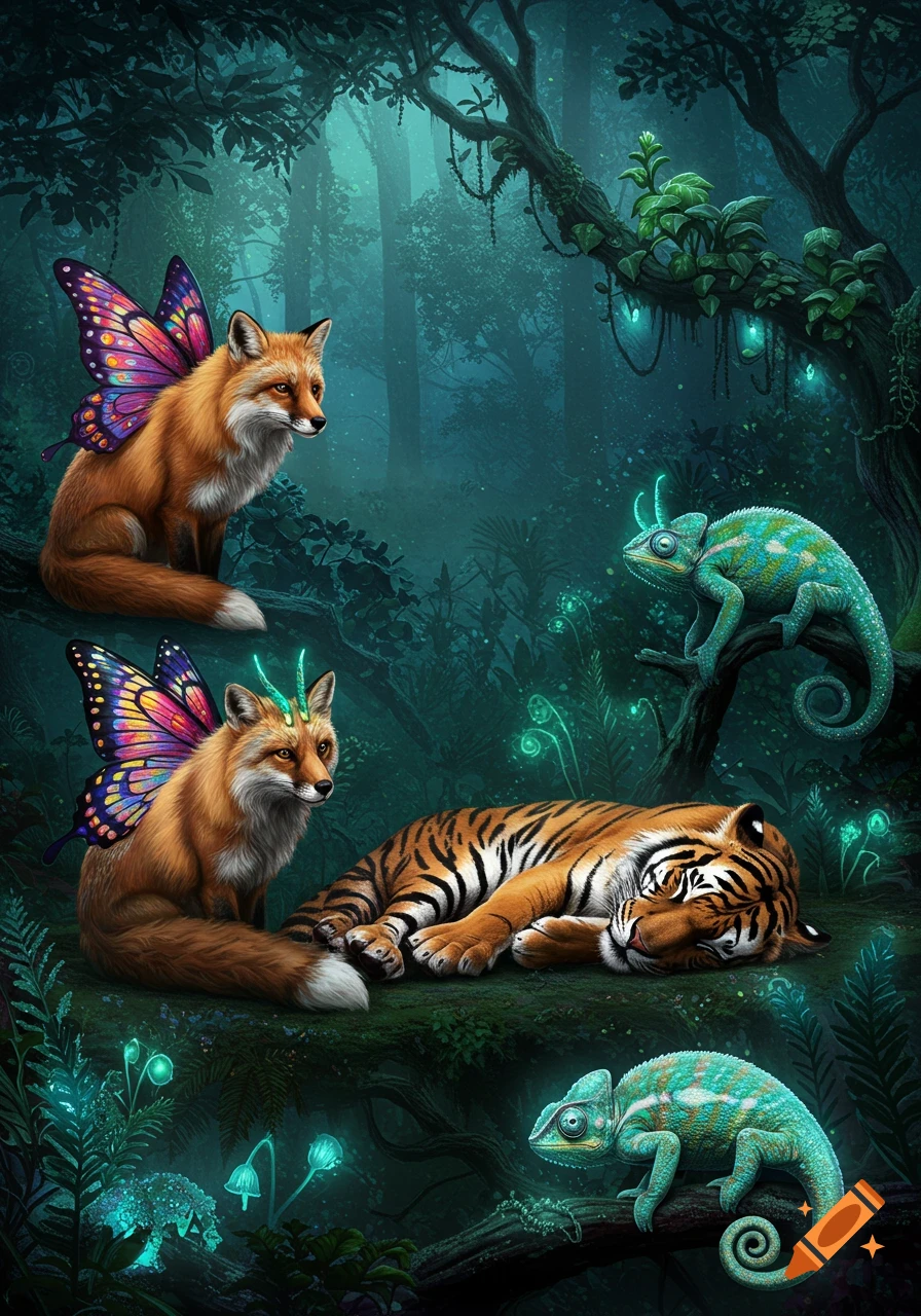 Two winged foxes, a sleeping tiger, and two chameleons in a glowing, mystical forest.