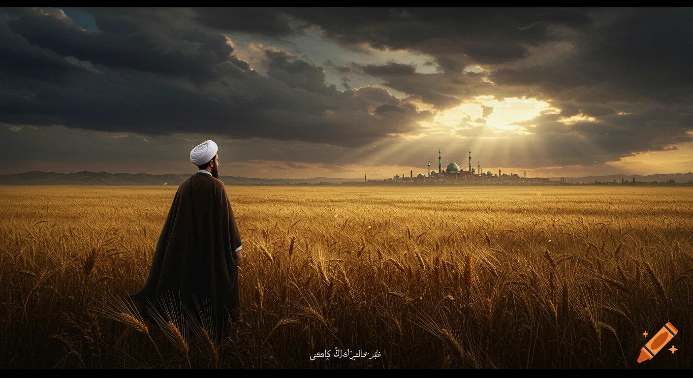 A man in a turban and dark robe stands in a vast golden wheat field, looking towards a distant city with mosques under a dramatic, cloudy sky with sun rays breaking through.