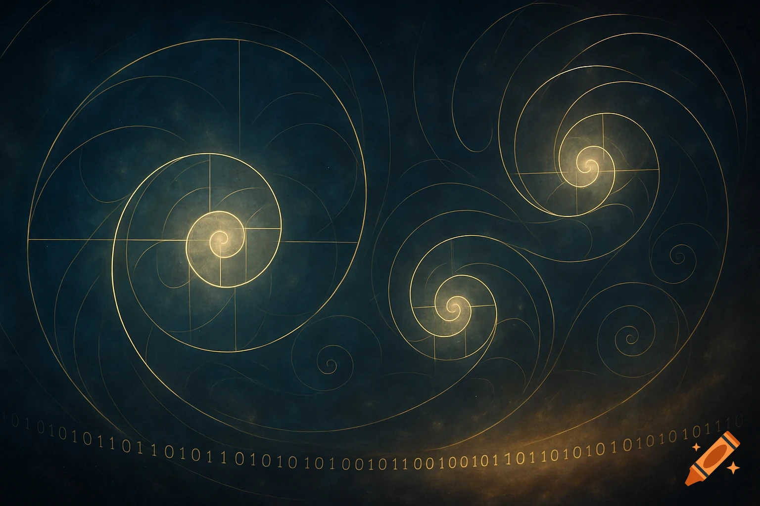 Glowing golden Fibonacci-like spirals and binary code on a dark, textured background.