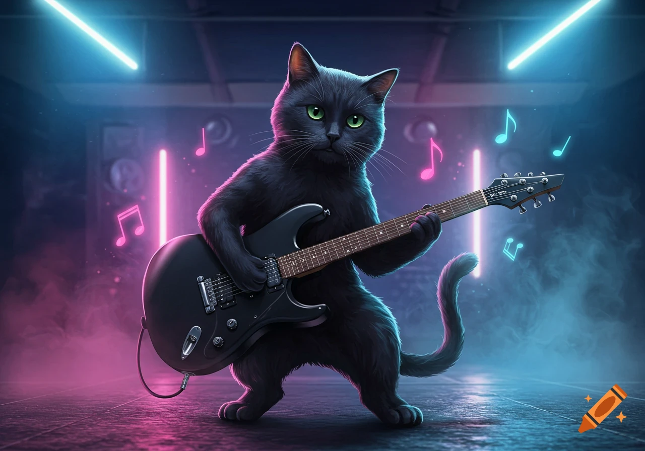 A black cat with green eyes plays a black electric guitar on a stage with neon blue and pink lights.