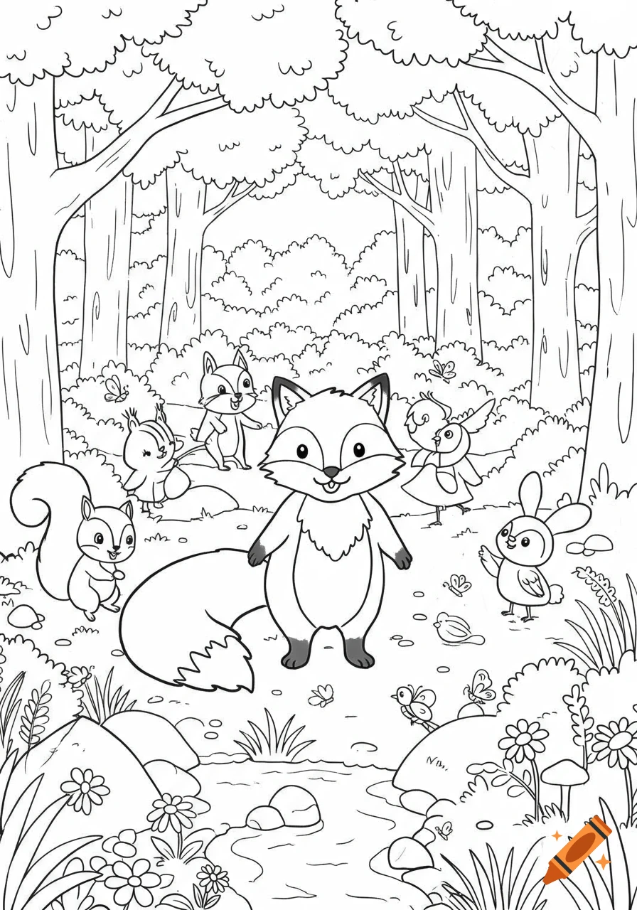 A black and white line art coloring page depicting a happy fox, squirrels, a rabbit, and birds in a forest with trees and a stream.