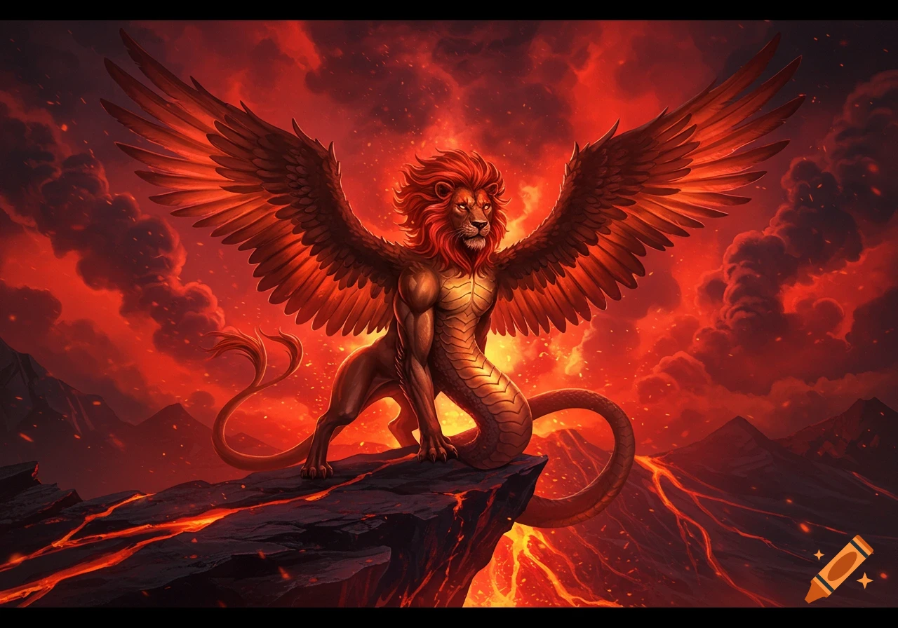 A majestic winged lion-like chimera with a snake tail stands on a rocky outcrop amidst a fiery, red volcanic landscape under a smoke-filled sky.