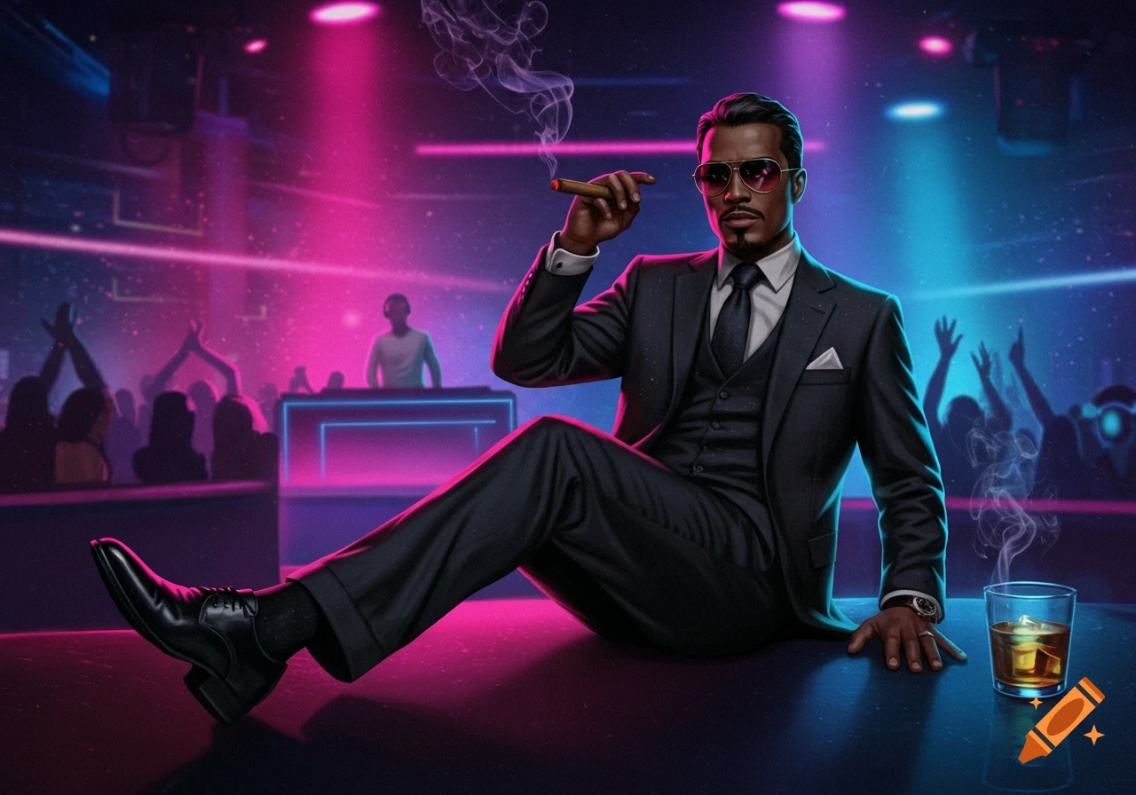 A stylish man in a dark suit and sunglasses smokes a cigar, holding a drink in a neon-lit nightclub.