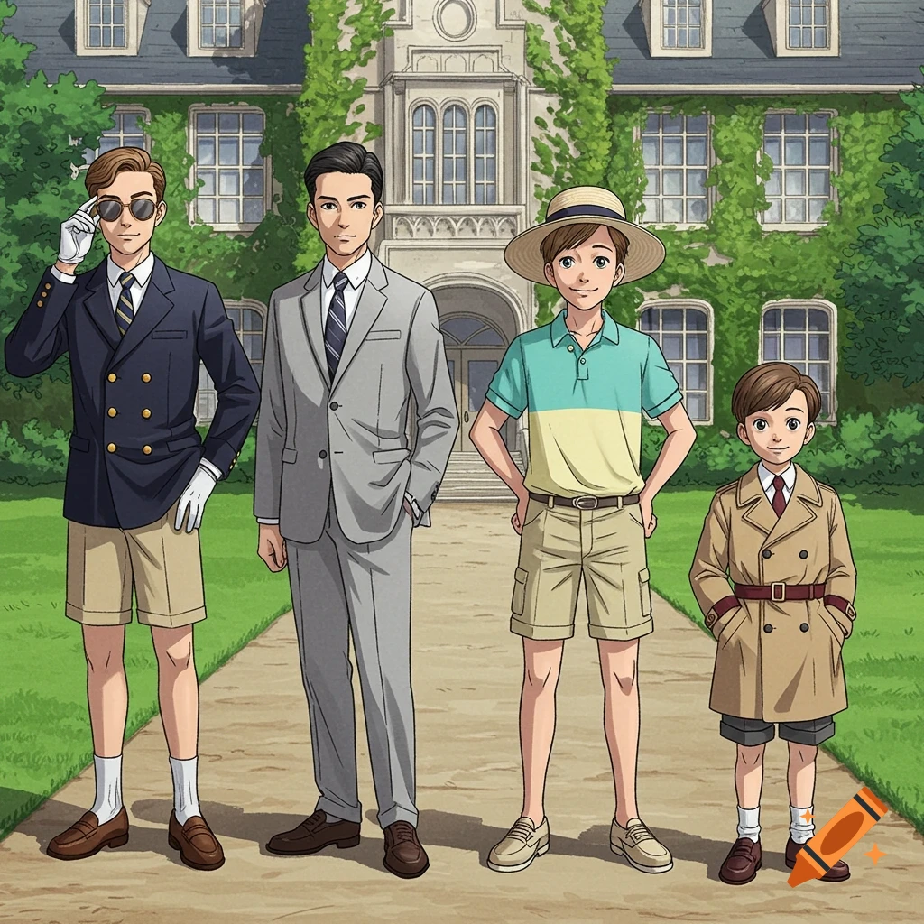 Four anime-style male characters in preppy attire stand in front of a stately, ivy-covered school building on a manicured lawn.